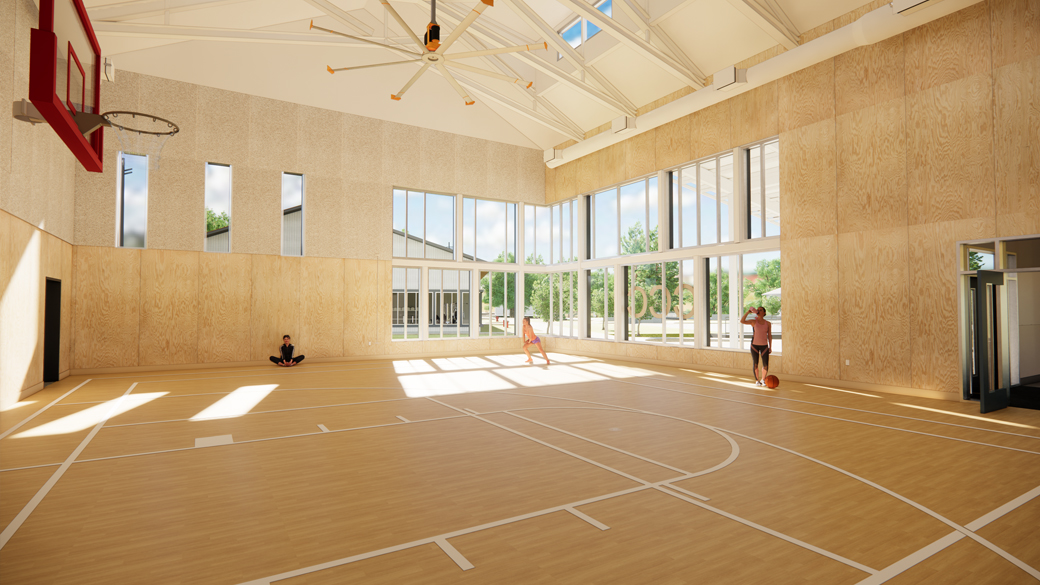 computer illustrated image depicting a person working out in a basketball court