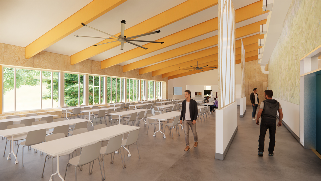 computer illustrated image depicting people walking through a dining hall