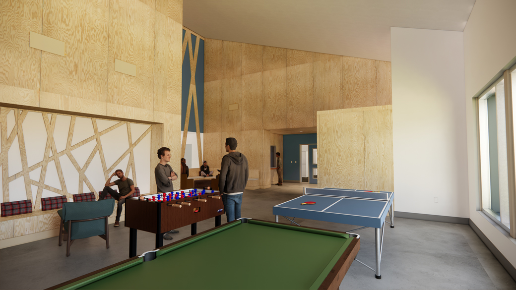 computer generated image of a room with game tables and people