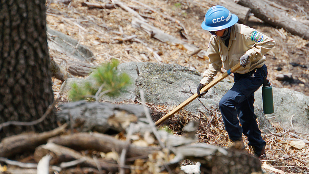 Inland_Resource_RxPreps_ClearingSpace_043025_1040x585 baby tree in foreground out of focus, corpsmember with hand tool in focus in the deep background working along a mountain