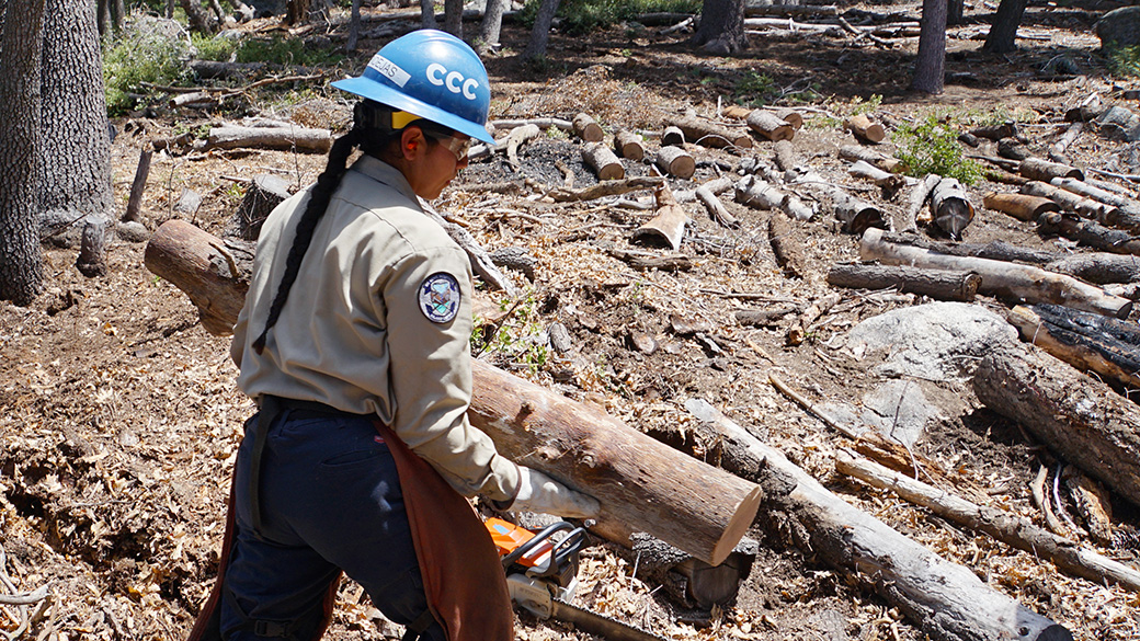 female corpsmember in uniform walking while holding large bucked tree trunk