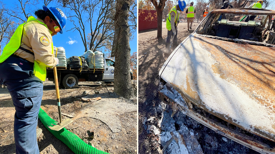 Delta_Emergency_SiltSockBurnedCarSplit_101025_1040x585 left: corpsmember uses a mcleod to tamp down a silt sock. right: corpsmembers work around burned out vehicles