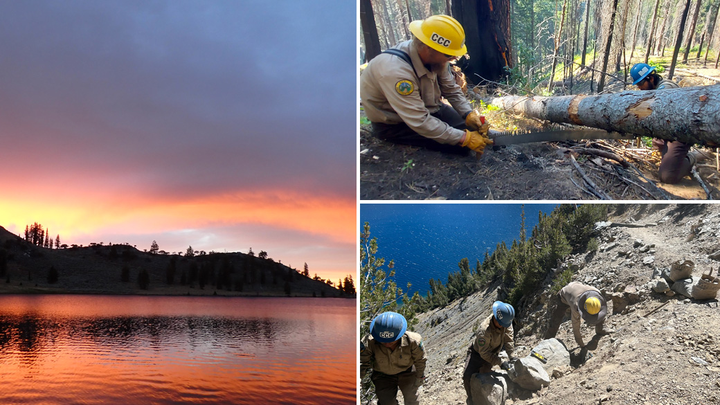 Left: pretty sunset over lake. Top: Supervisor uses criss cross saw on tree with Corpsmember. Bottom: supervisor works alongside Corpsmembers moving rocks along trail above a lake.