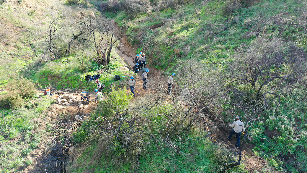 aerial of corpsmembers working on the chaney trail in altadena