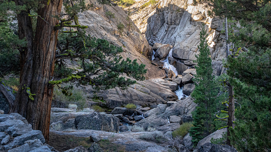 nature photo of trees, rocks, and a waterfall
