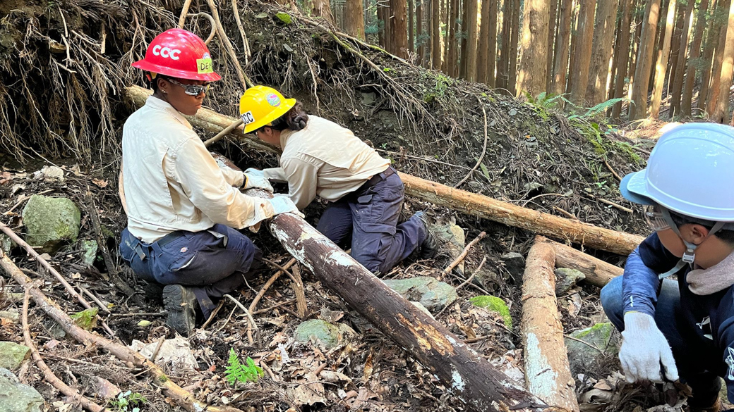 Corpsmembers collaborating with the Michinoku Trail Club in a forest. 