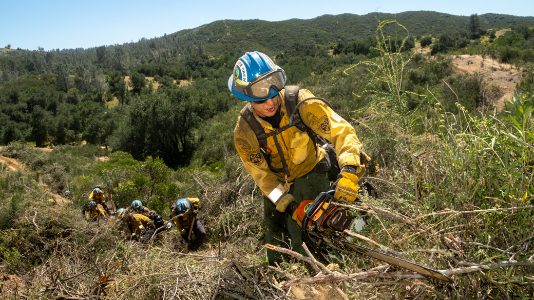 A CCC Corpsmemeber uses a saw to set the direction of the handline in the Santa Margareta hillside. 