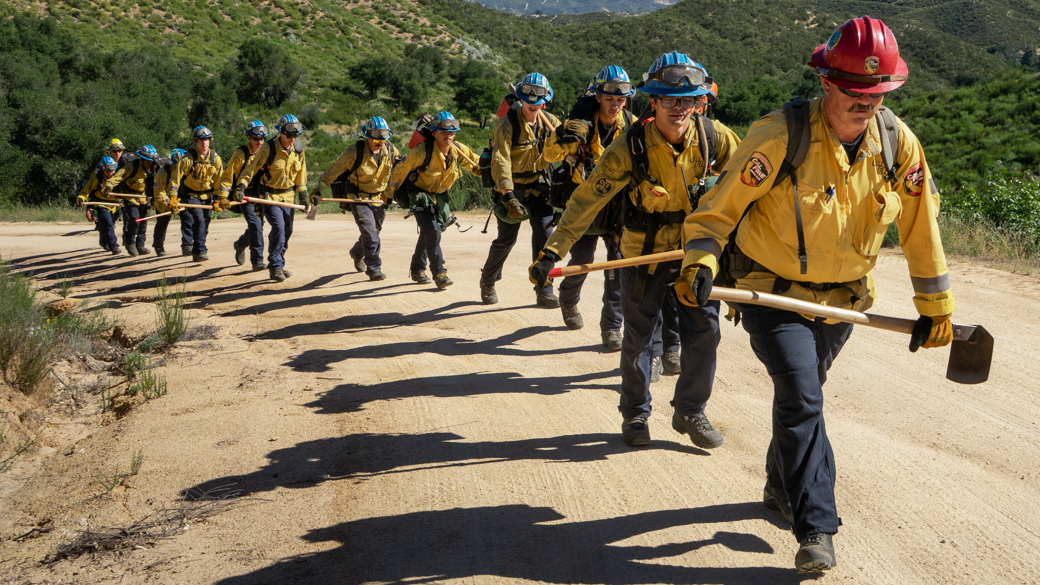 The CCC Toro 1 Fire Crew hikes in the Santa Margarita hills. 
