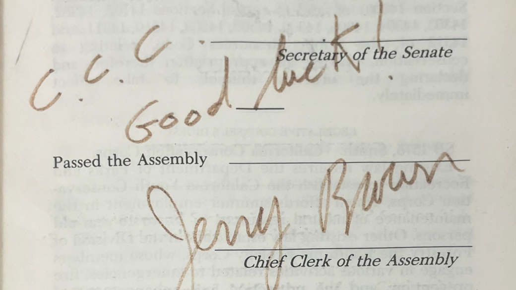 Jerry Brown wishes the CCC good luck, signing the enabling legislation Senate Bill 1575. 