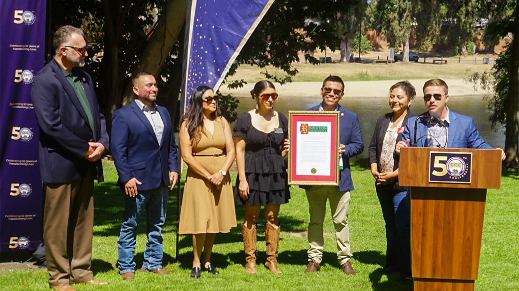 CCC receives a certificate of recognition during the bus stop in Fresno County. 