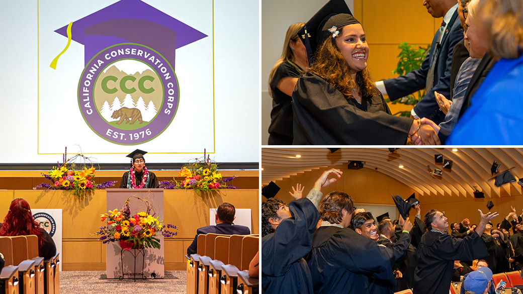 CCC High School graduation, Corpsmembers cheering, and Corpsmember giving a speech.
