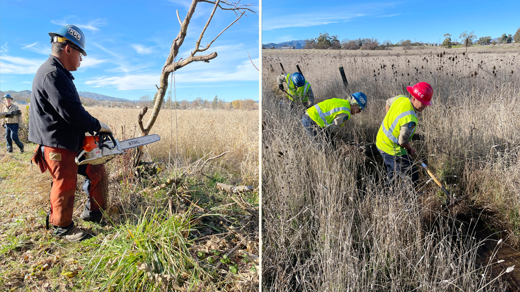 left: corpsmember using chainsaw. right: corpsmembers in meadow using mcleods