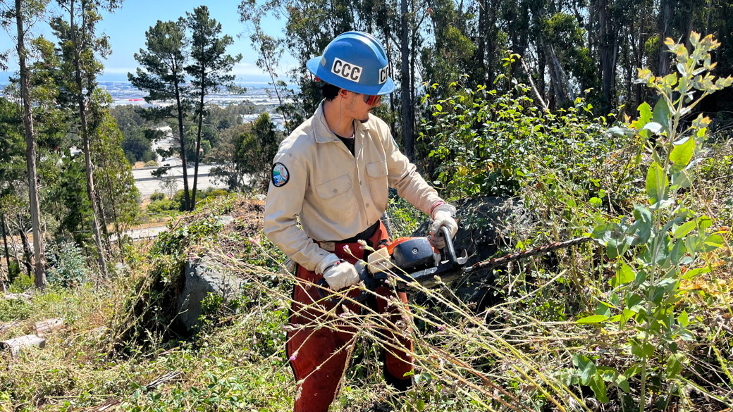 A Corpsmember removes overgrown vegetation with a power tool. 