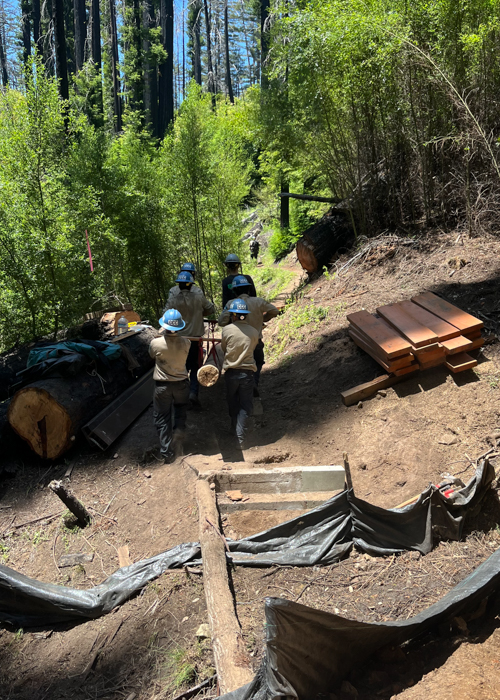 Corpsmembers work together to carry a log up a trail.
