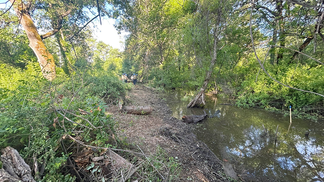corpsmembers off in distacne on a woody path near water